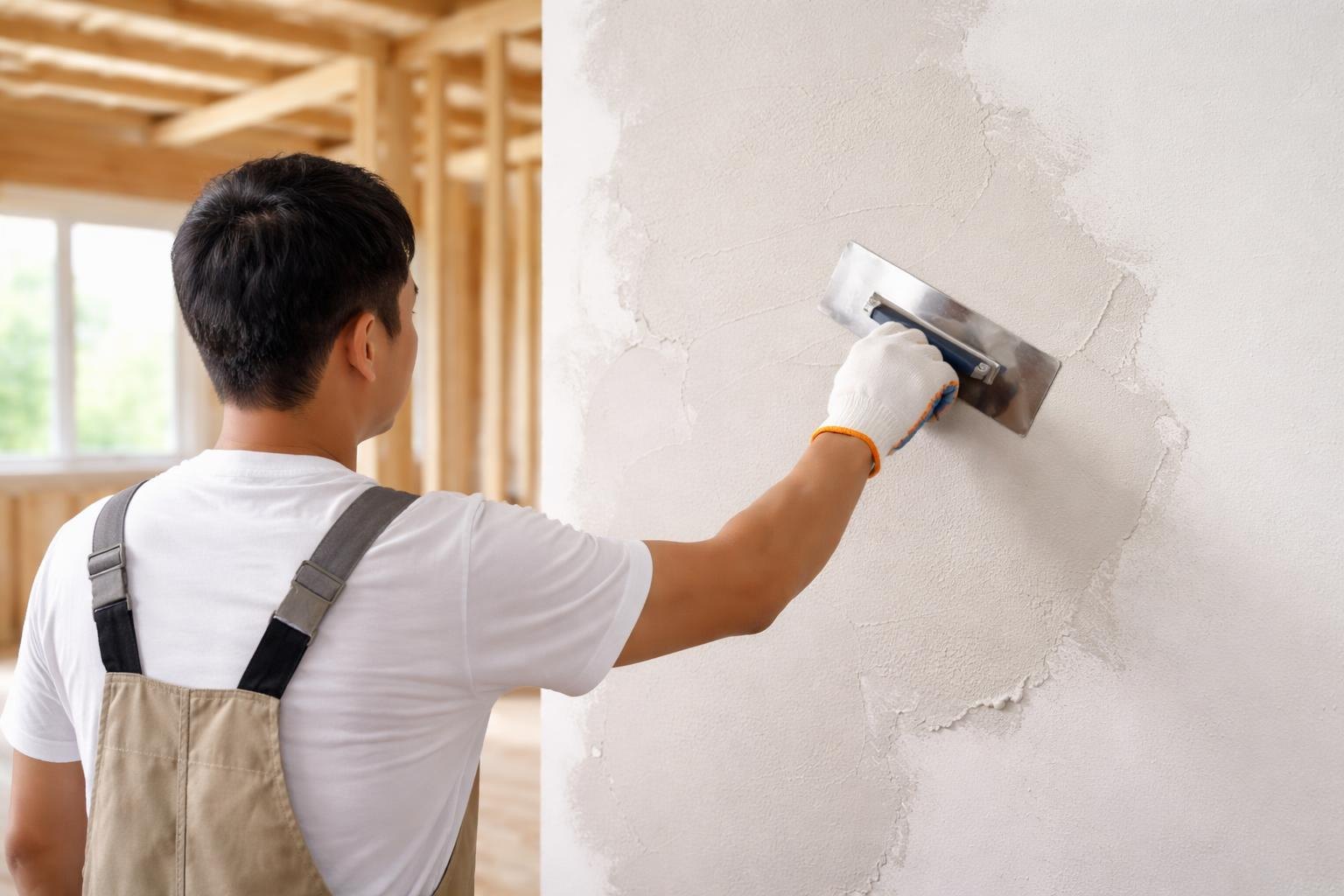 示意圖：室內泥作工程施工中，工匠用工具整理牆面砂漿。