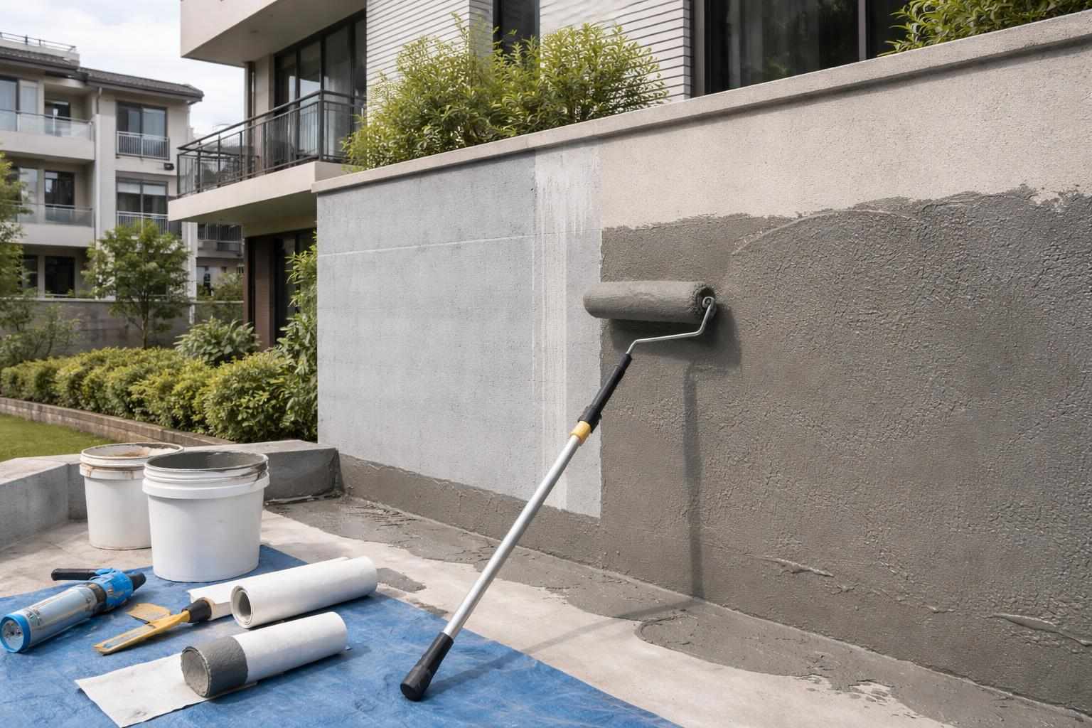 台中住宅外牆防水施工示意圖，展示防水材料與修繕工藝。