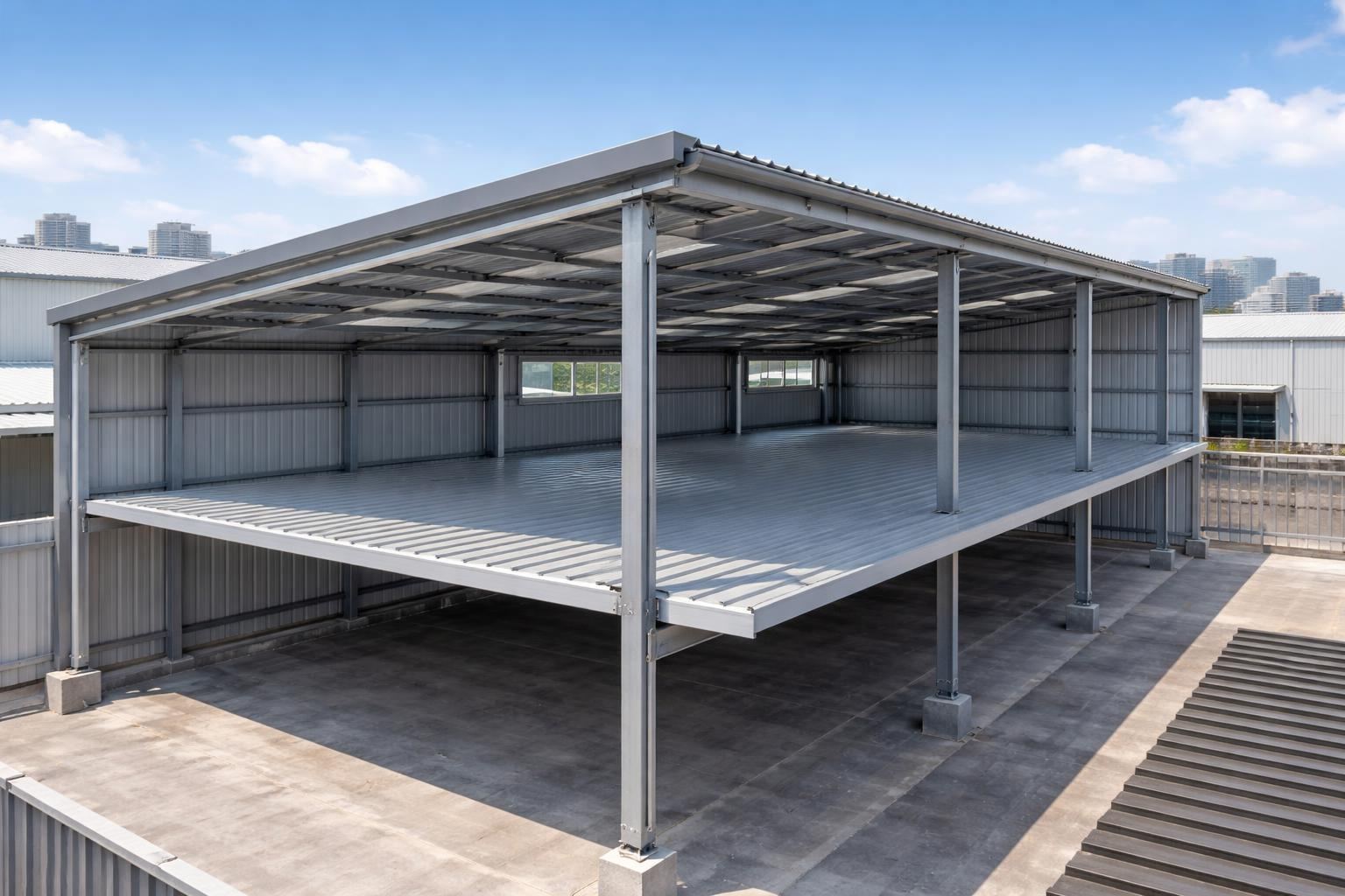 台中鐵棟鐵皮增建工程示意圖，展示剛完工的金屬鐵皮屋和鋼架結構。